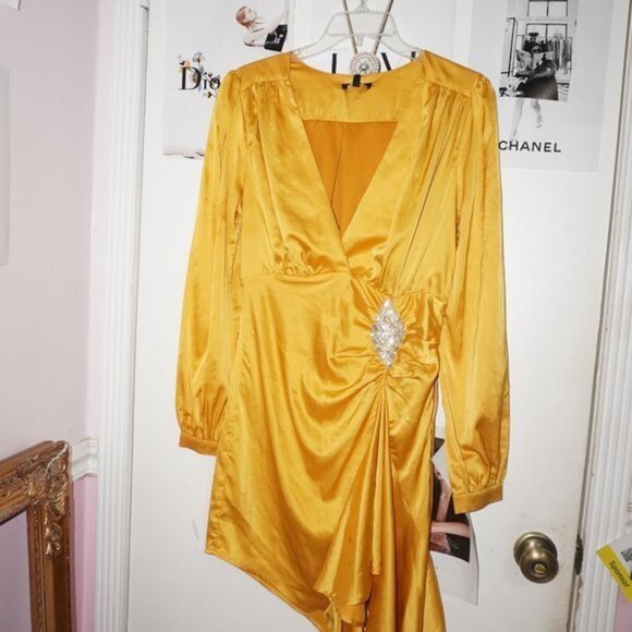 NWT Marie Satin Gold Ruffle Formal Midi Dress - Picture 1 of 10